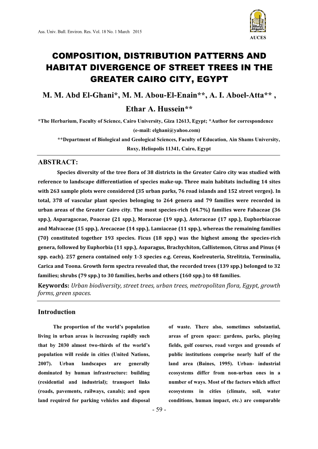 Composition, Distribution Patterns and Habitat Divergence of Street Trees in the Greater Cairo City, Egypt