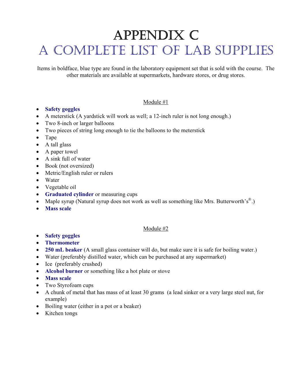 Appendix C a Complete List of Lab Supplies