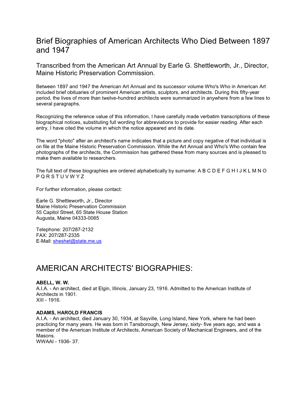 Brief Biographies of American Architects Who Died Between 1897 and 1947