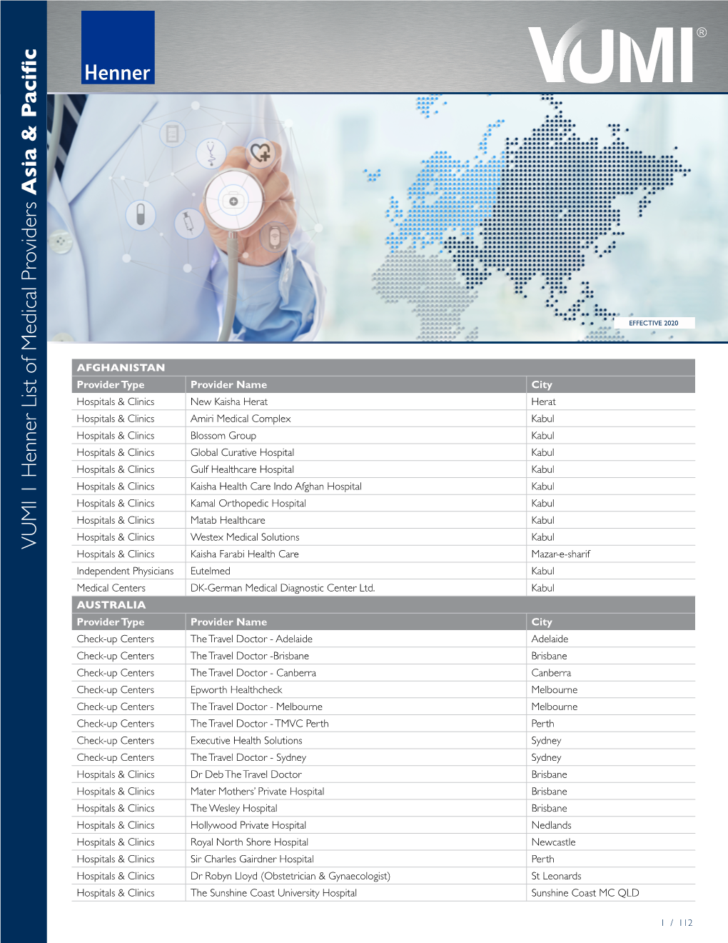 VUMI 1 Henner List of Medical Providers Asia & P Acific