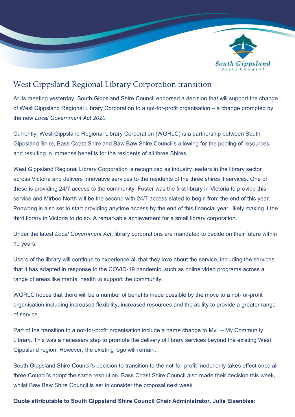 West Gippsland Regional Library Corporation Transition