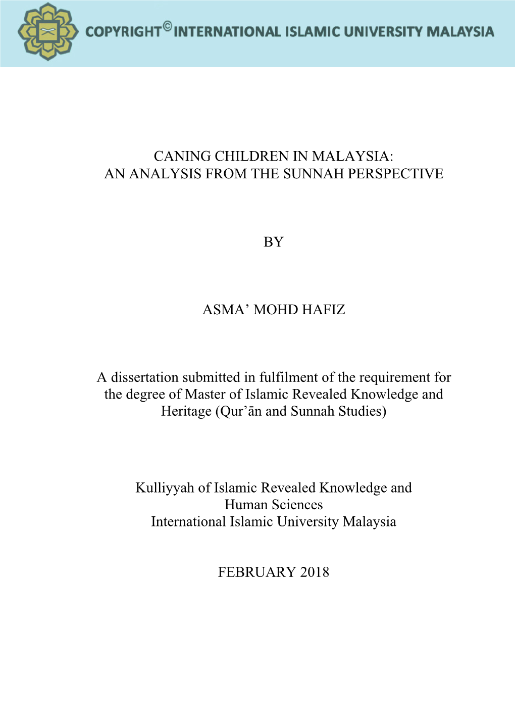 Caning Children in Malaysia: an Analysis from the Sunnah Perspective