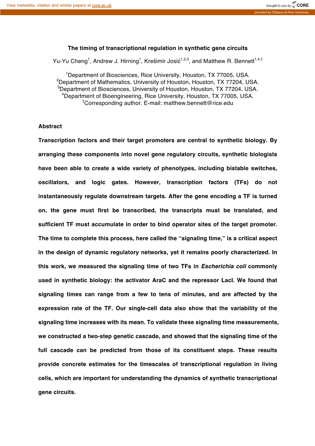 The Timing of Transcriptional Regulation in Synthetic Gene Circuits Yu-Yu