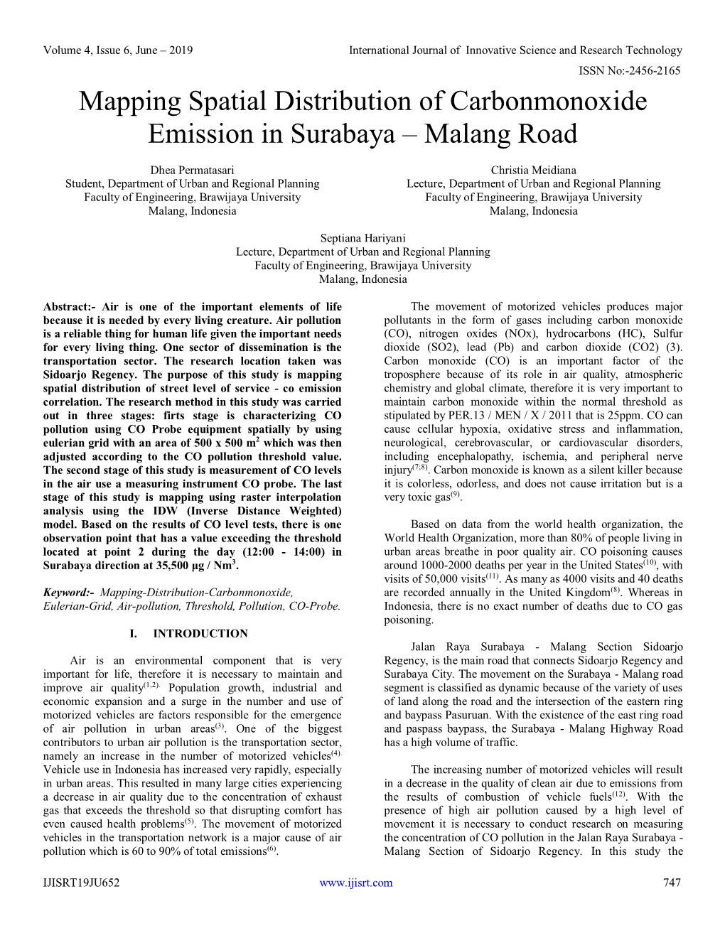 Mapping Spatial Distribution of Carbonmonoxide Emission in Surabaya – Malang Road