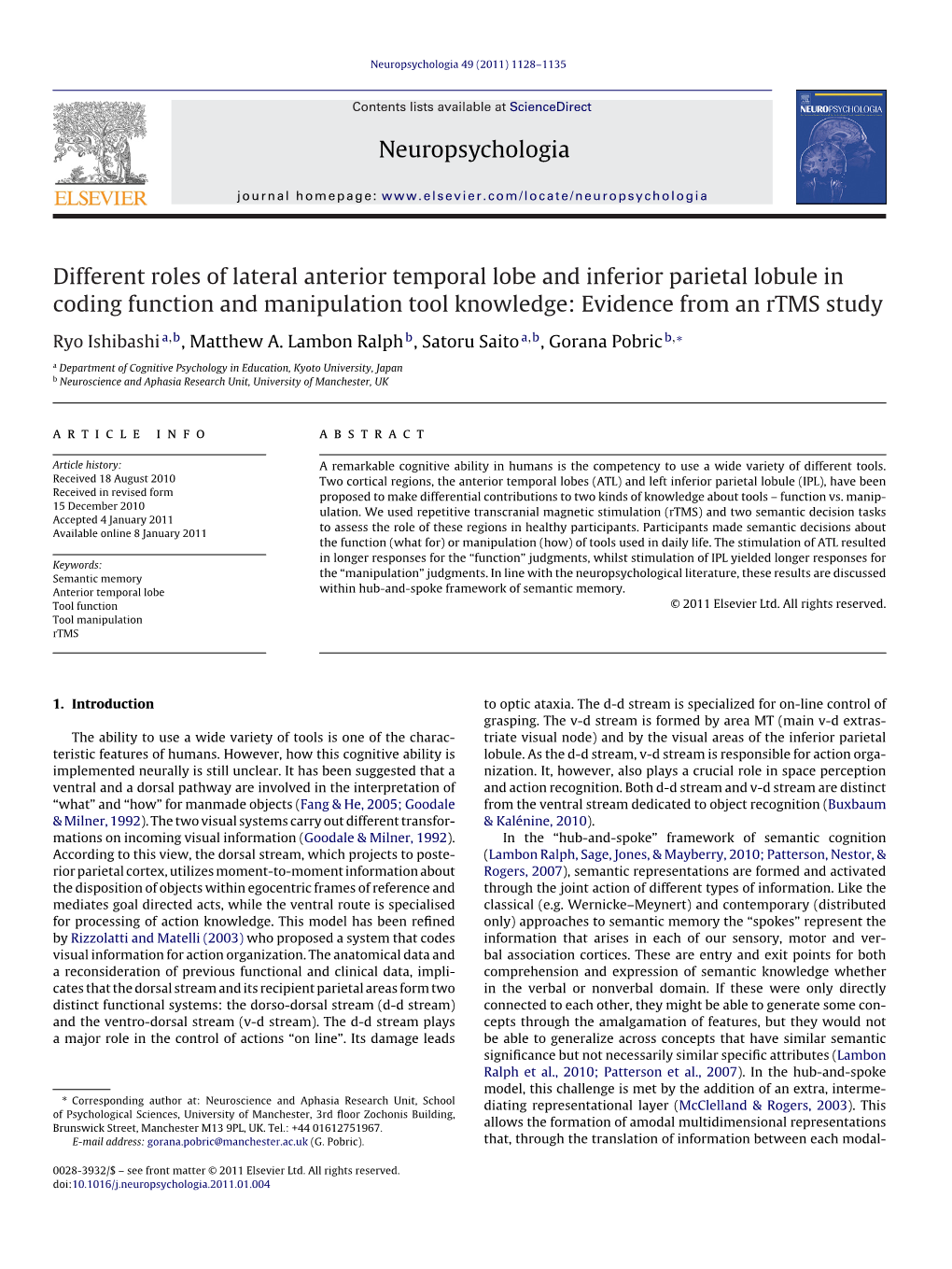 Different Roles of Lateral Anterior Temporal Lobe and Inferior Parietal Lobule in Coding Function and Manipulation Tool Knowledge: Evidence from an Rtms Study