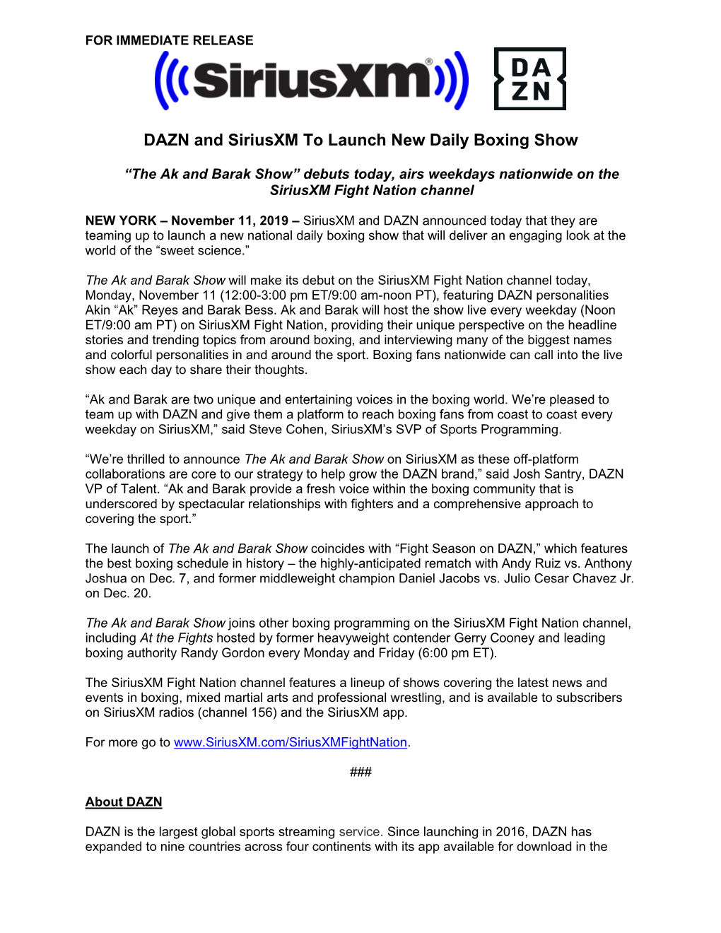 DAZN and Siriusxm to Launch New Daily Boxing Show