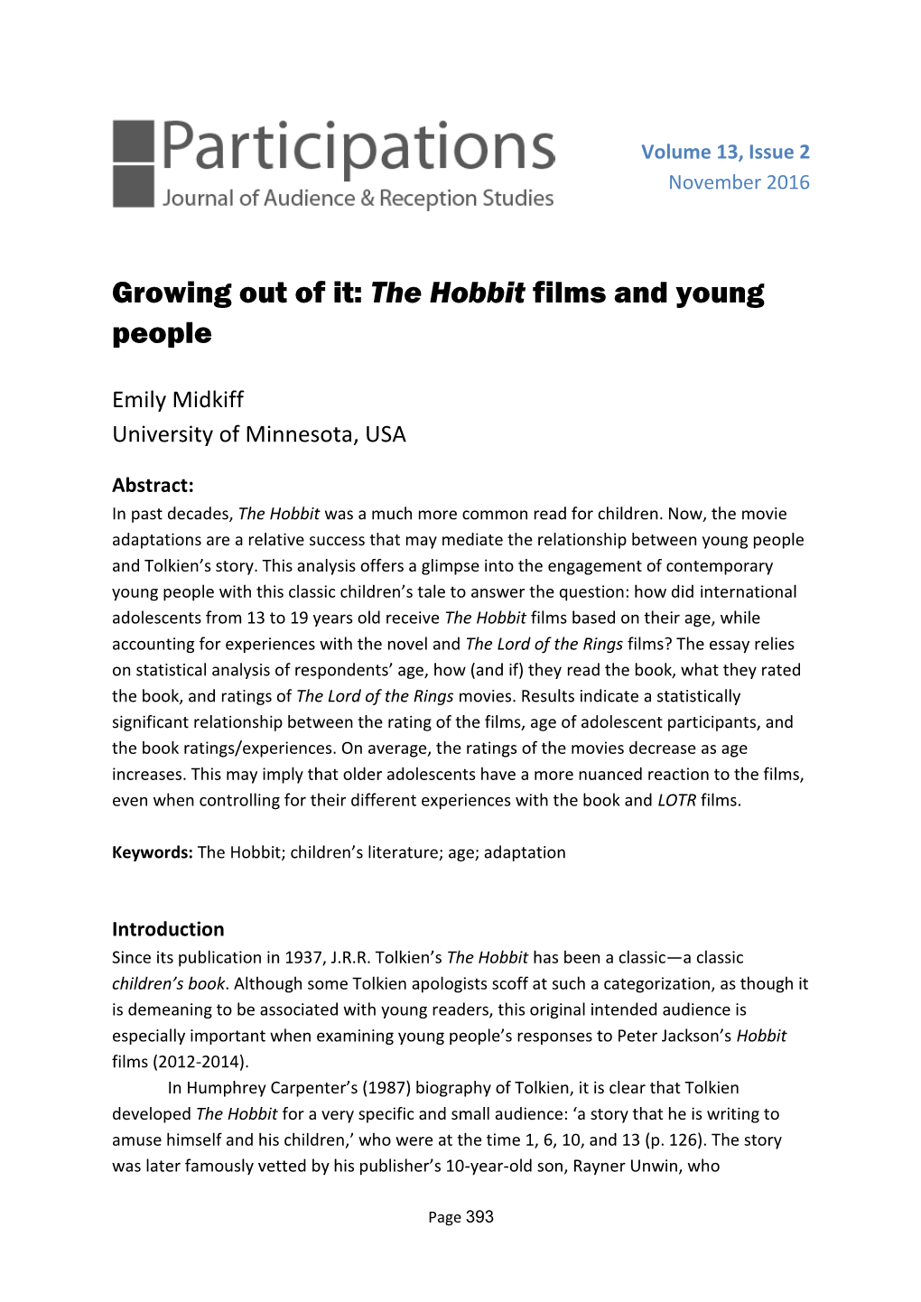 Growing out of It: the Hobbit Films and Young People