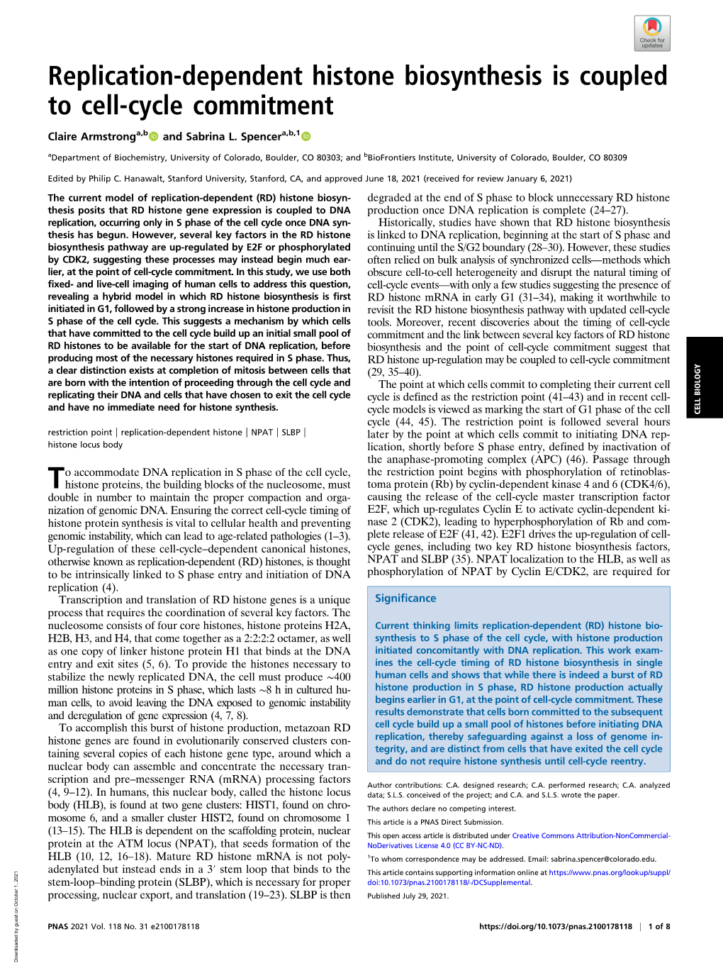 Replication-Dependent Histone Biosynthesis Is Coupled to Cell-Cycle Commitment