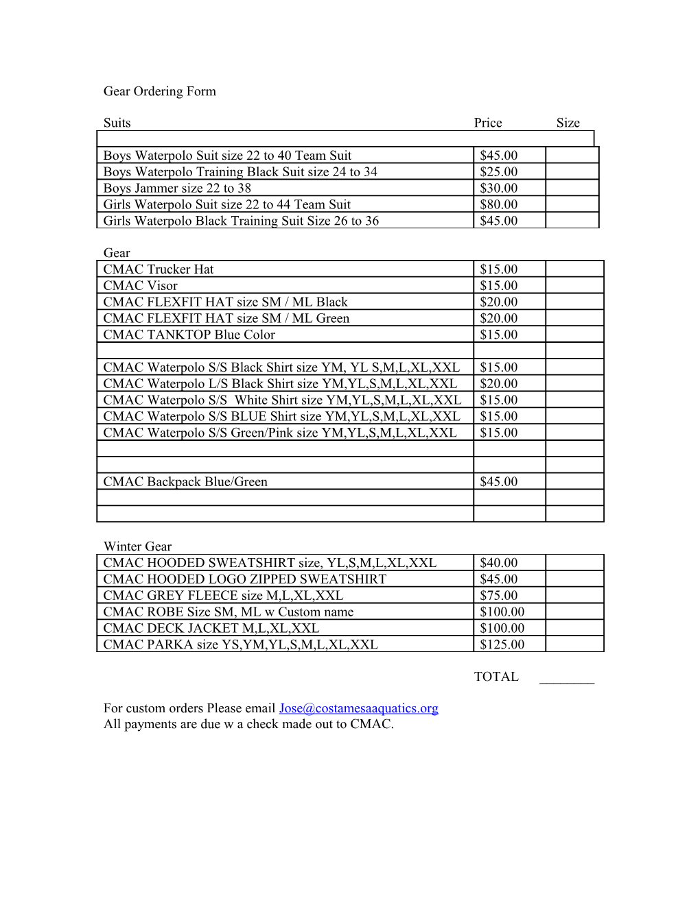 Gear Ordering Form