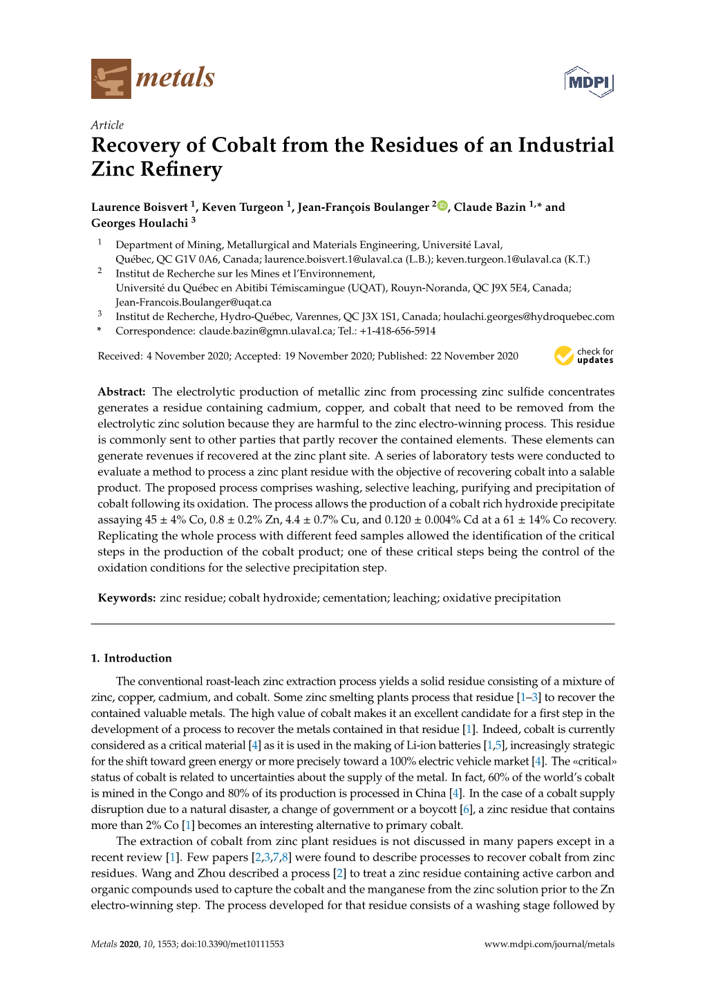 Recovery of Cobalt from the Residues of an Industrial Zinc Refinery