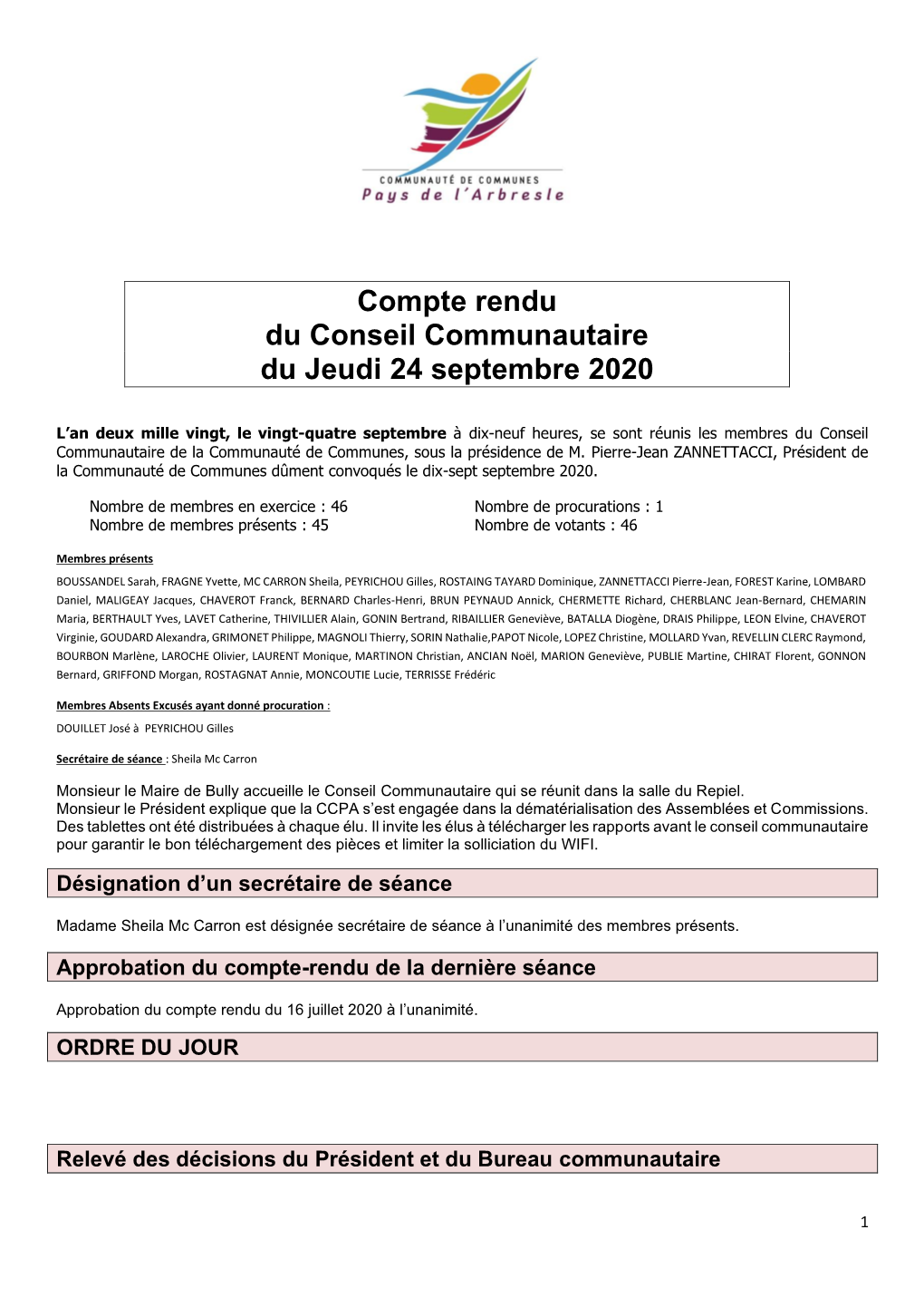 Compte Rendu 24 Septembre 2020