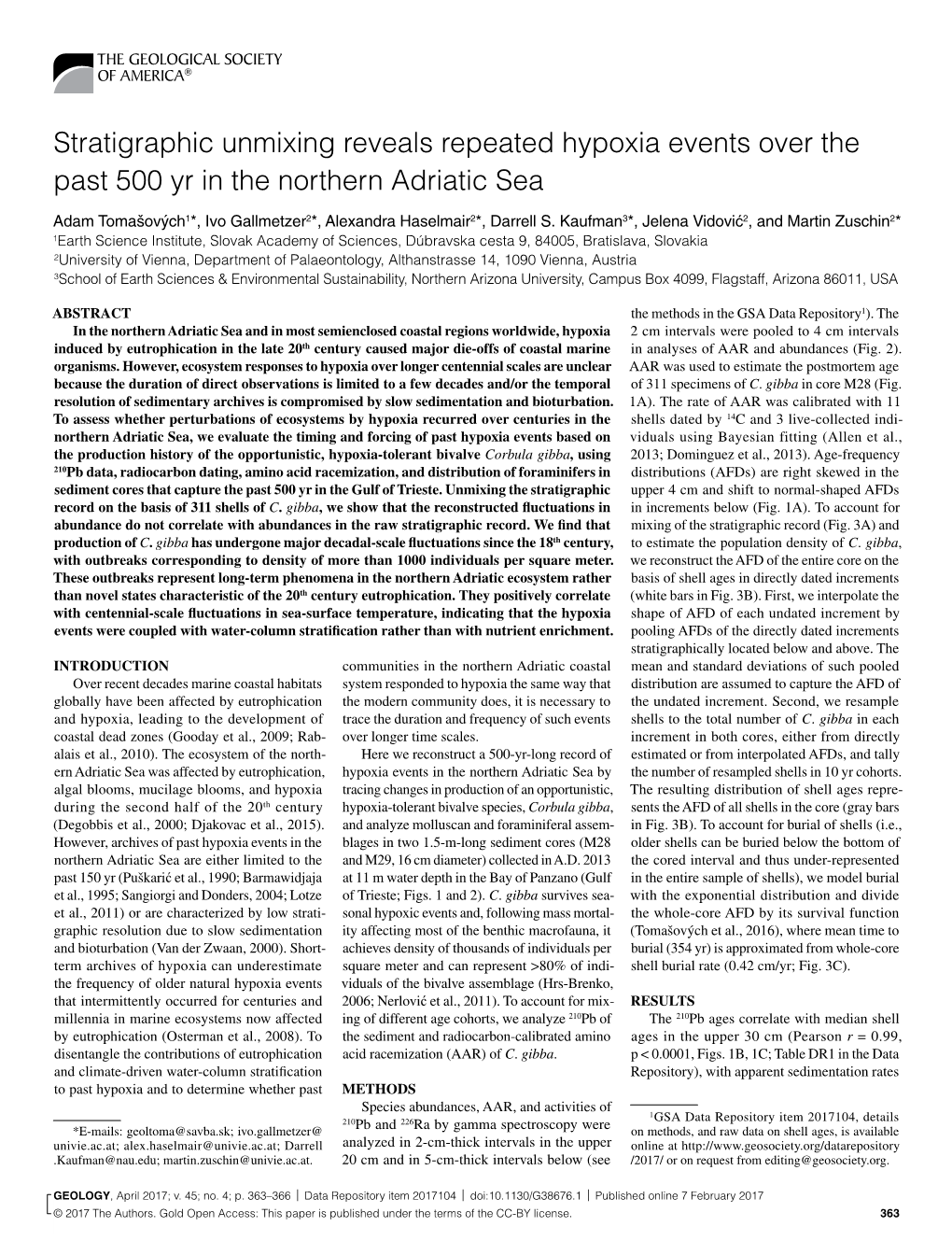 Stratigraphic Unmixing Reveals Repeated Hypoxia Events Over the Past 500 Yr in the Northern Adriatic Sea