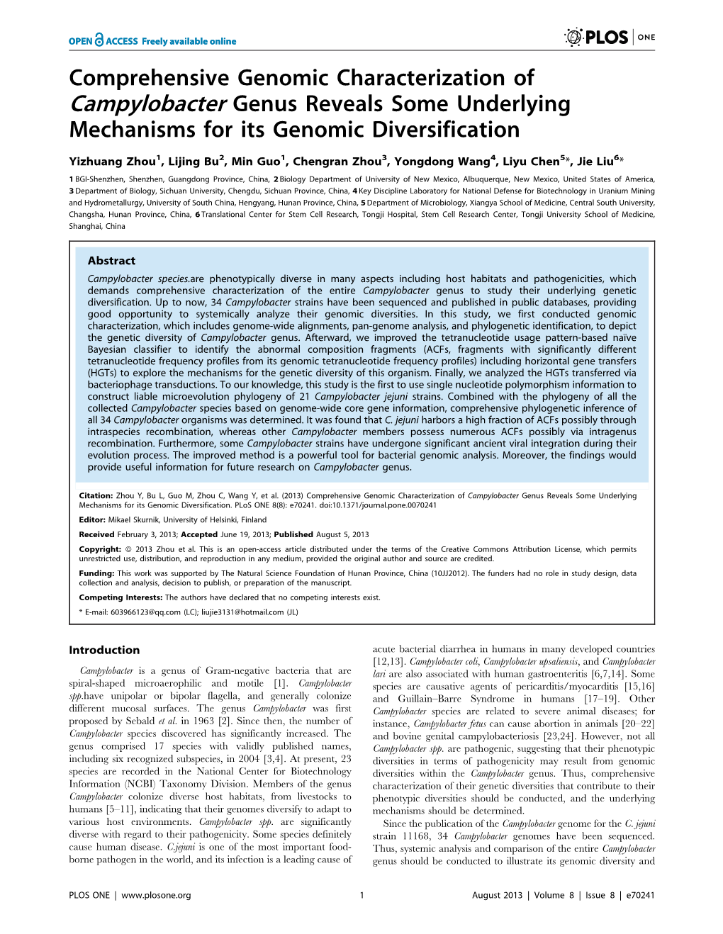 Comprehensive Genomic Characterization of Campylobacter Genus Reveals Some Underlying Mechanisms for Its Genomic Diversification