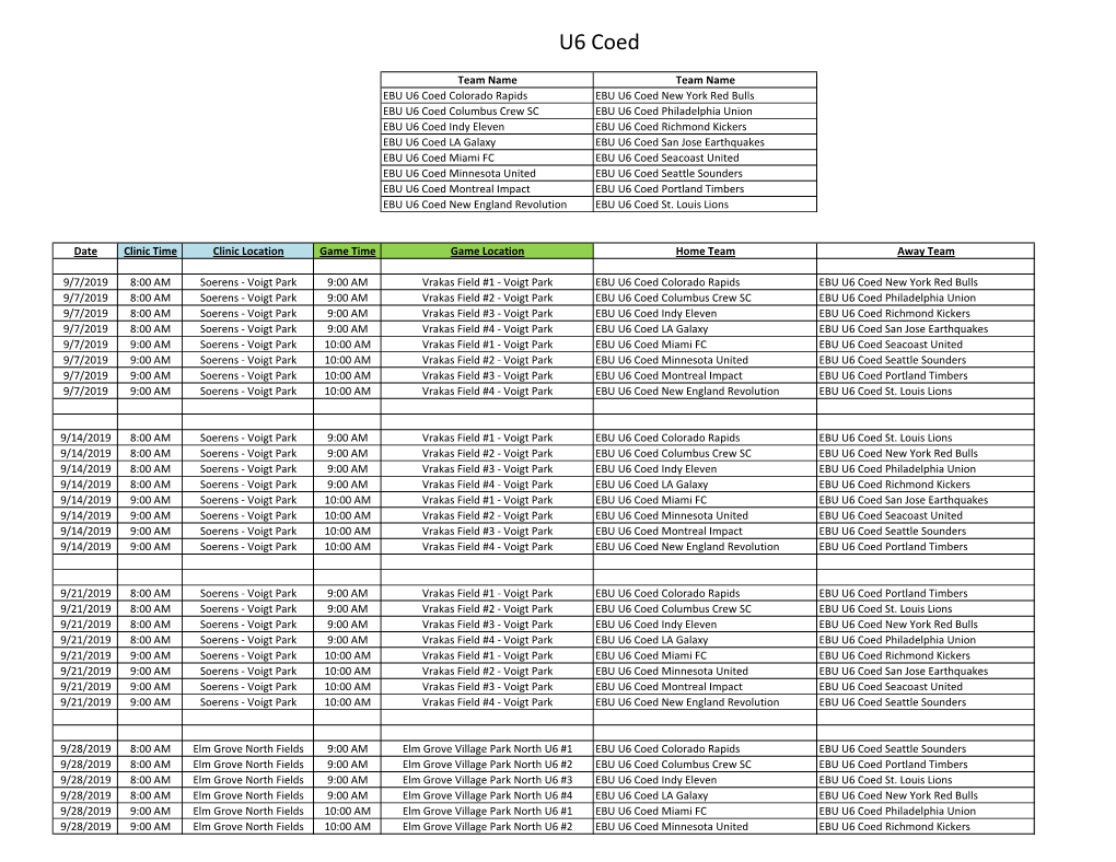 U6 Coed Rec Schedule