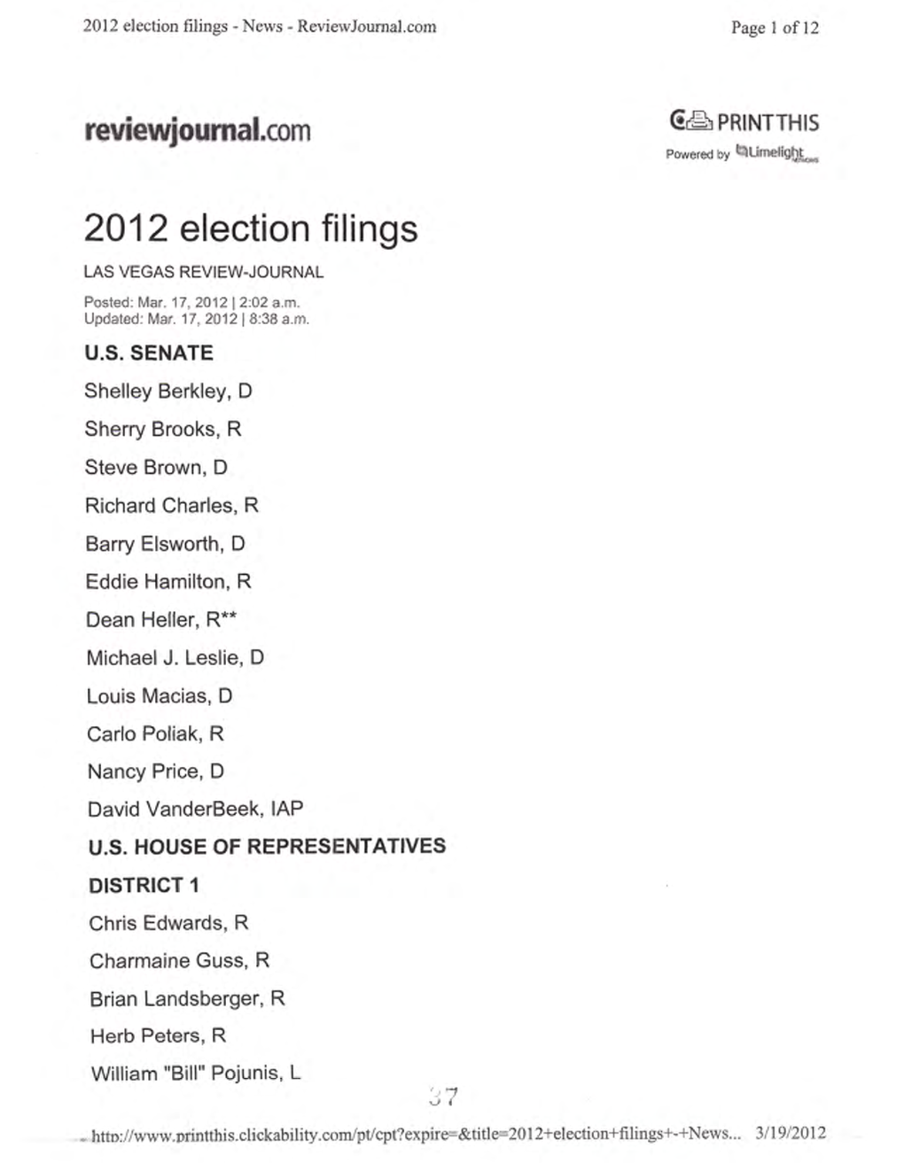2012 Election Filings - News - Reviewjournal.Com Page 1 of 12
