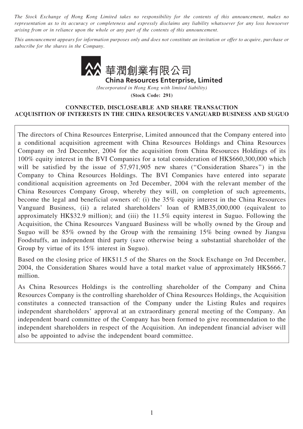 The Directors of China Resources Enterprise, Limited Announced That