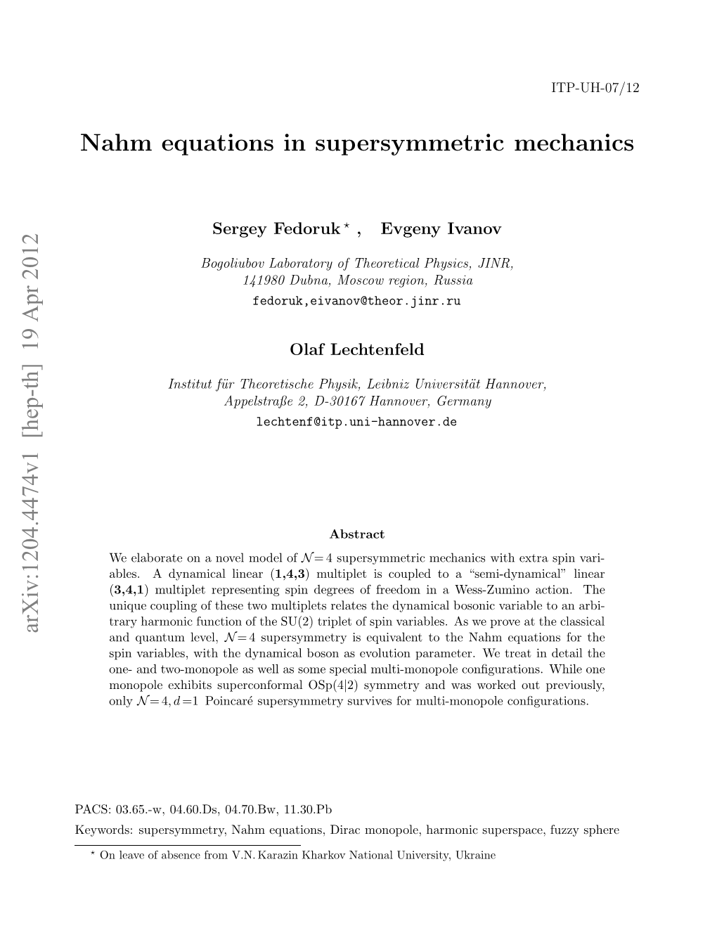 Nahm Equations in Supersymmetric Mechanics