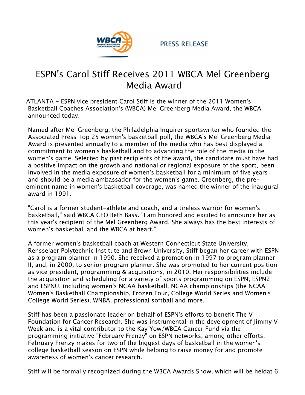 ESPN's Carol Stiff Receives 2011 WBCA Mel Greenberg Media Award