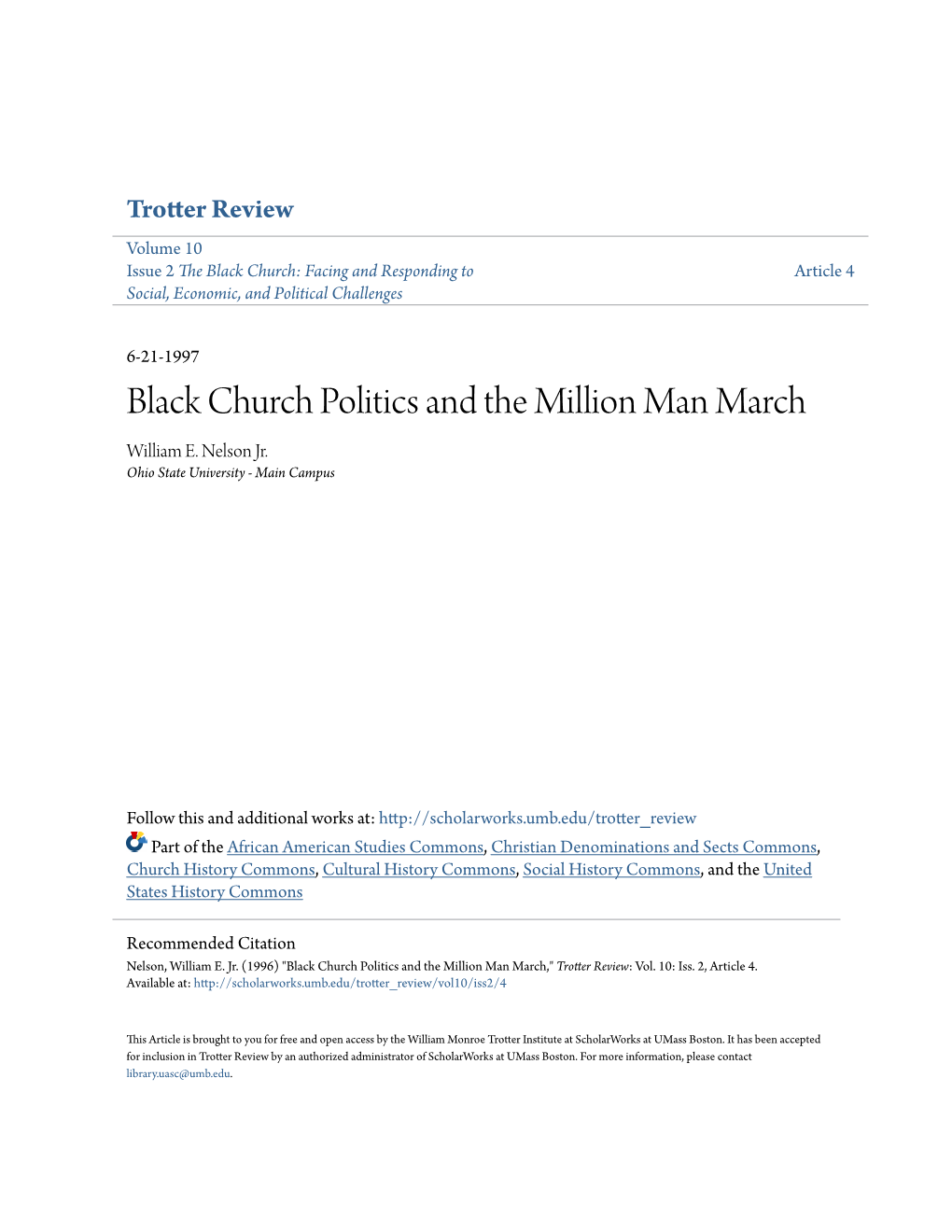 Black Church Politics and the Million Man March William E