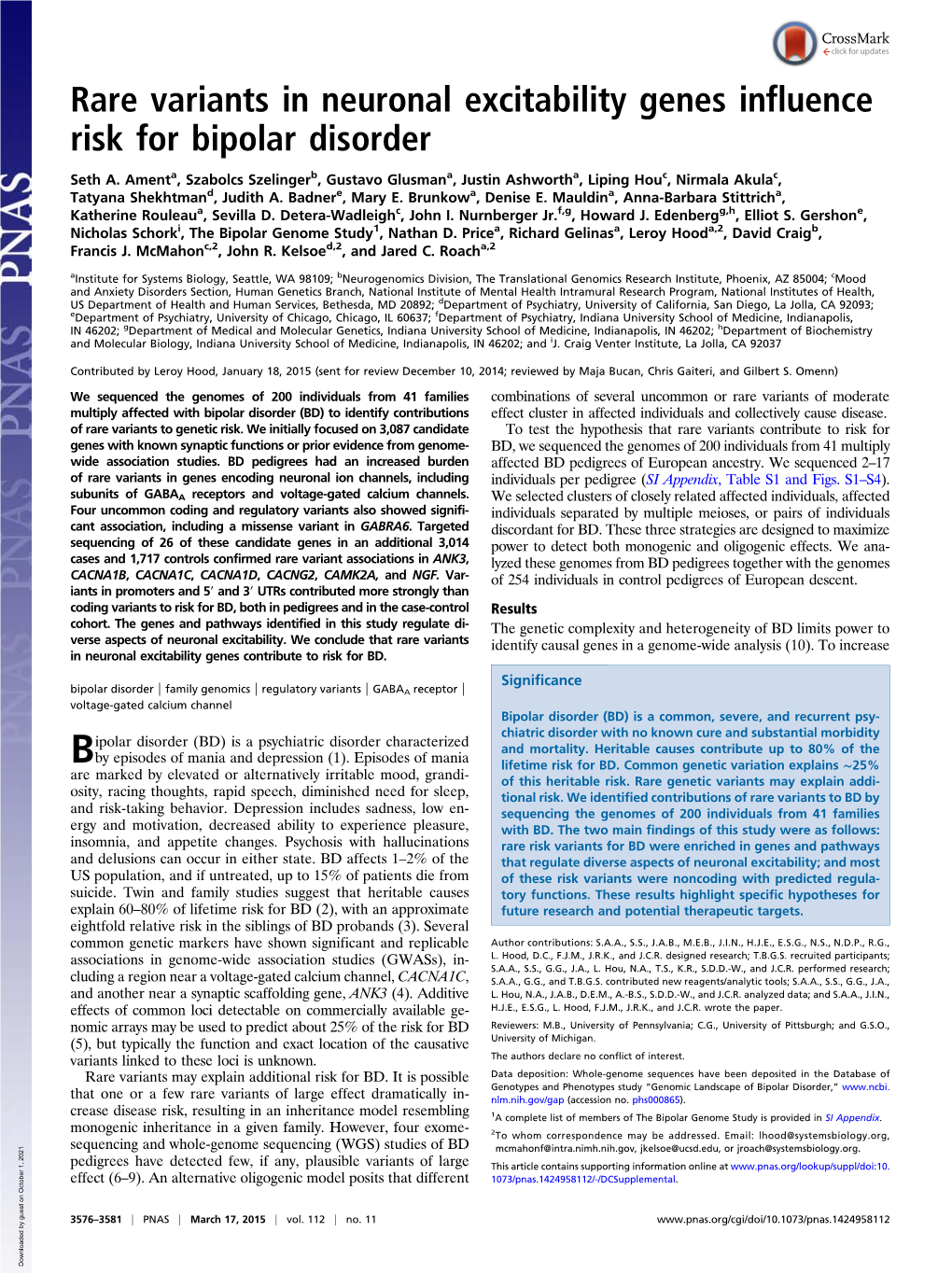 Rare Variants in Neuronal Excitability Genes Influence Risk for Bipolar Disorder