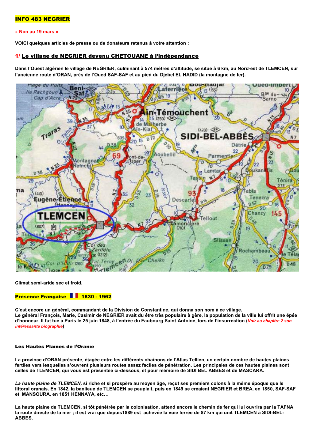 INFO 483 NEGRIER 1/ Le Village De NEGRIER Devenu CHETOUANE À L