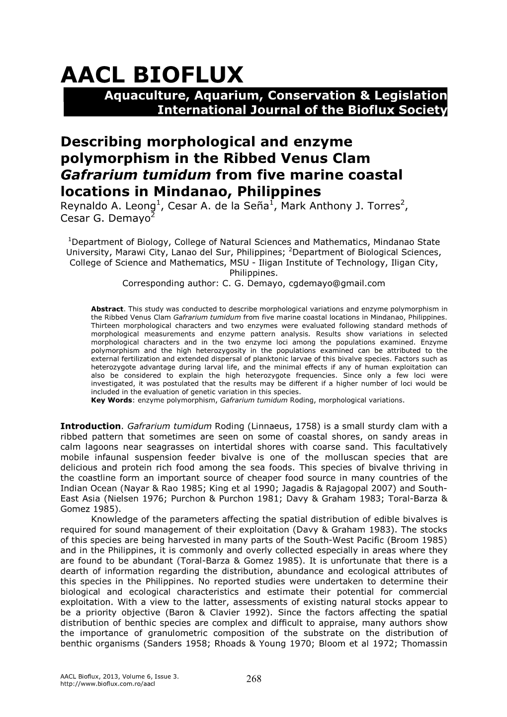 Describing Morphological and Enzyme Polymorphism in the Ribbed Venus Clam Gafrarium Tumidum from Five Marine Coastal Locations in Mindanao, Philippines Reynaldo A
