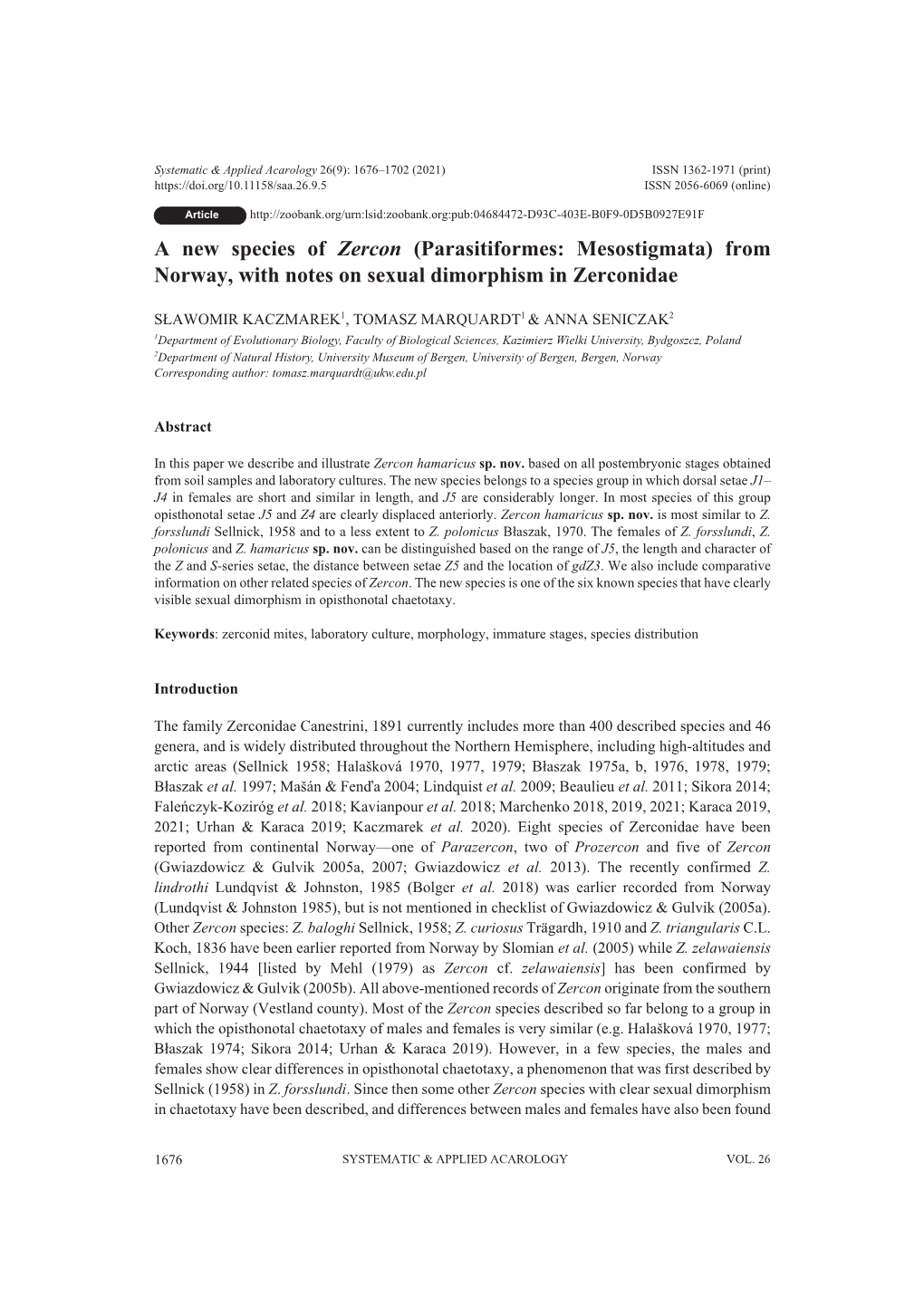 From Norway, with Notes on Sexual Dimorphism in Zerconidae