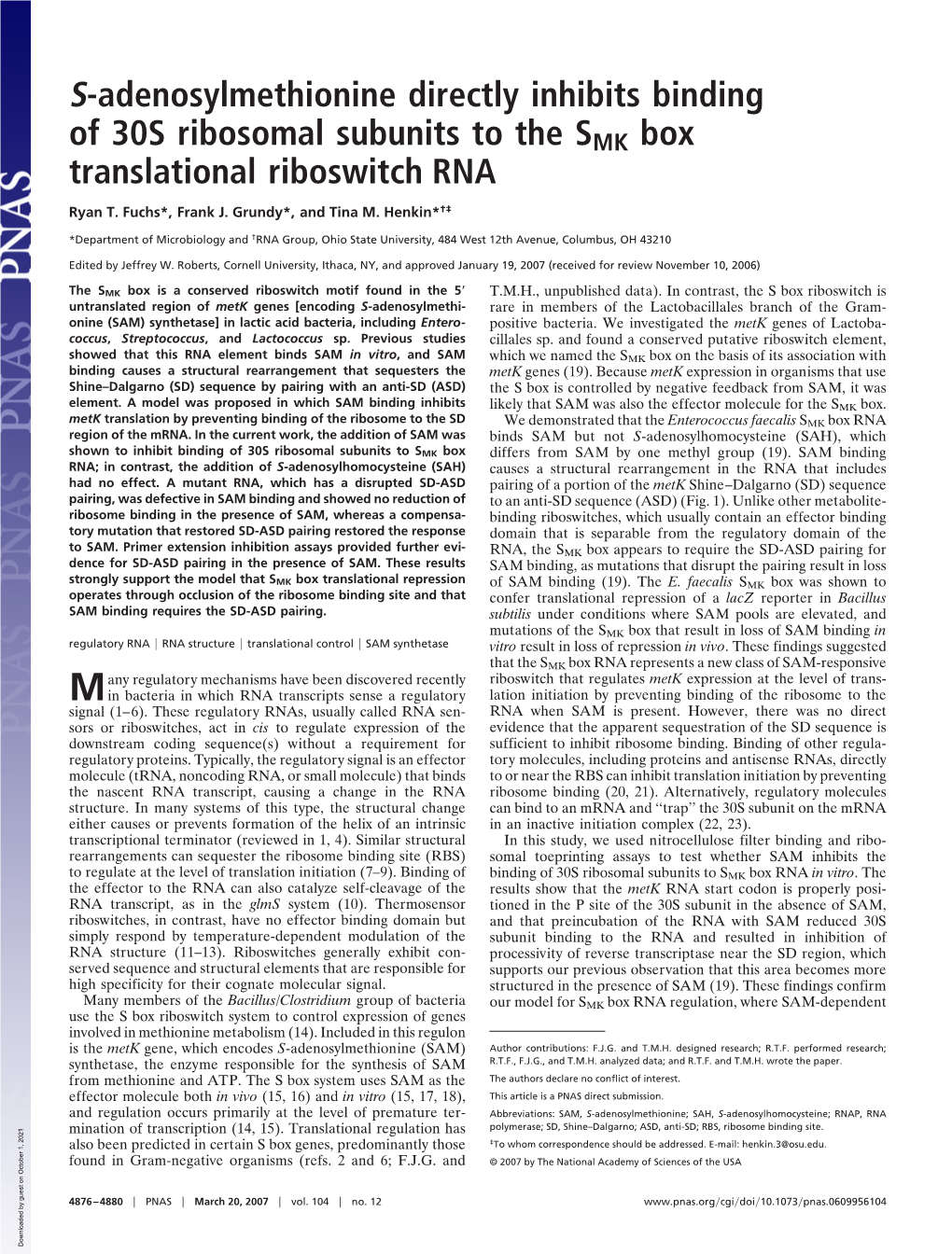 S-Adenosylmethionine Directly Inhibits Binding of 30S Ribosomal Subunits to the SMK Box Translational Riboswitch RNA