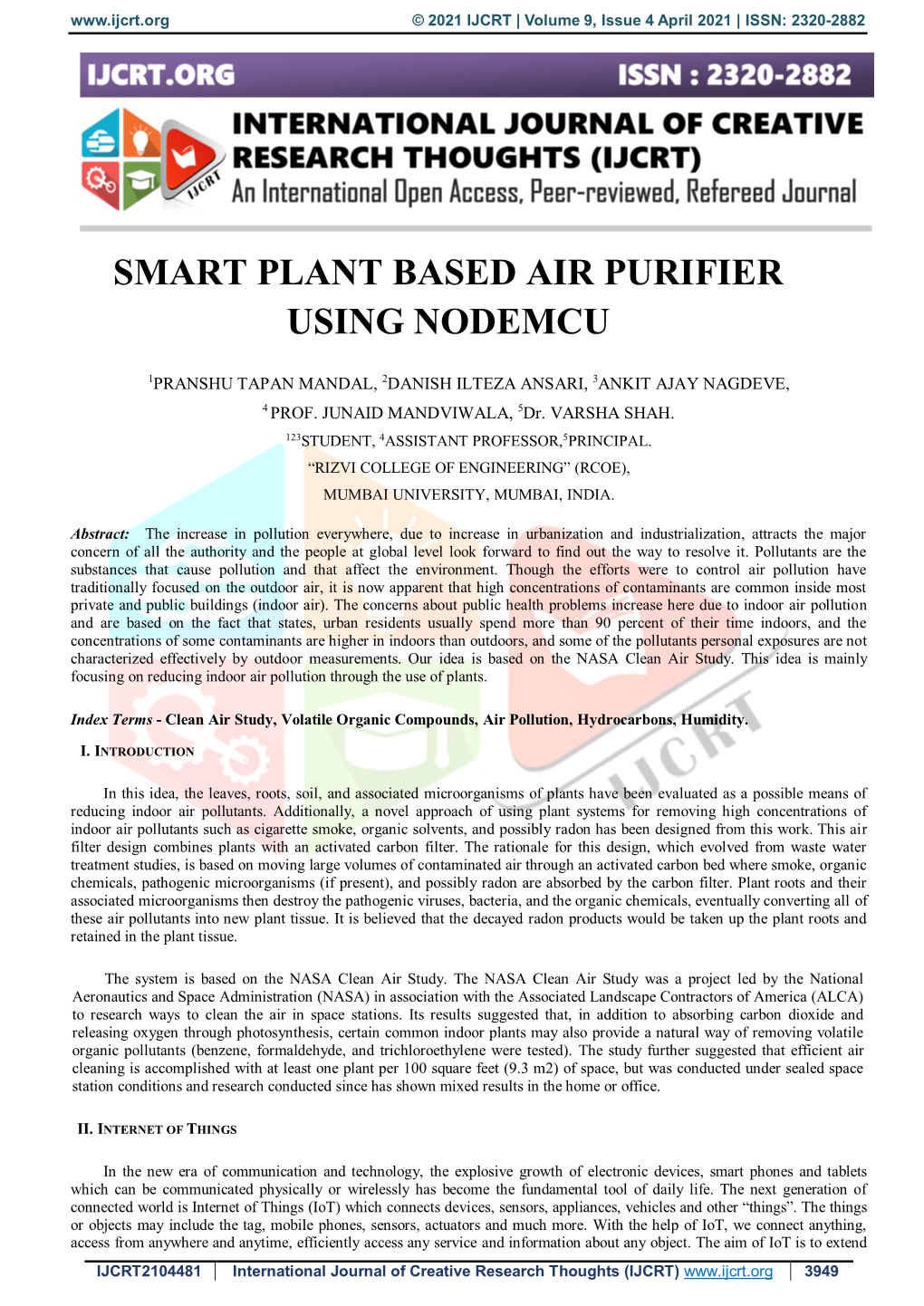 Smart Plant Based Air Purifier Using Nodemcu