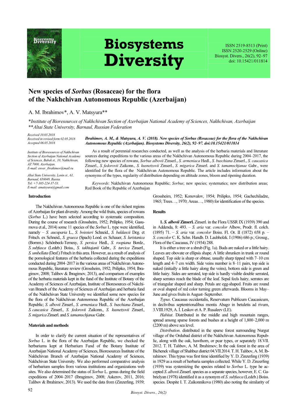 Biosystems Diversity, 26(2), 92–97