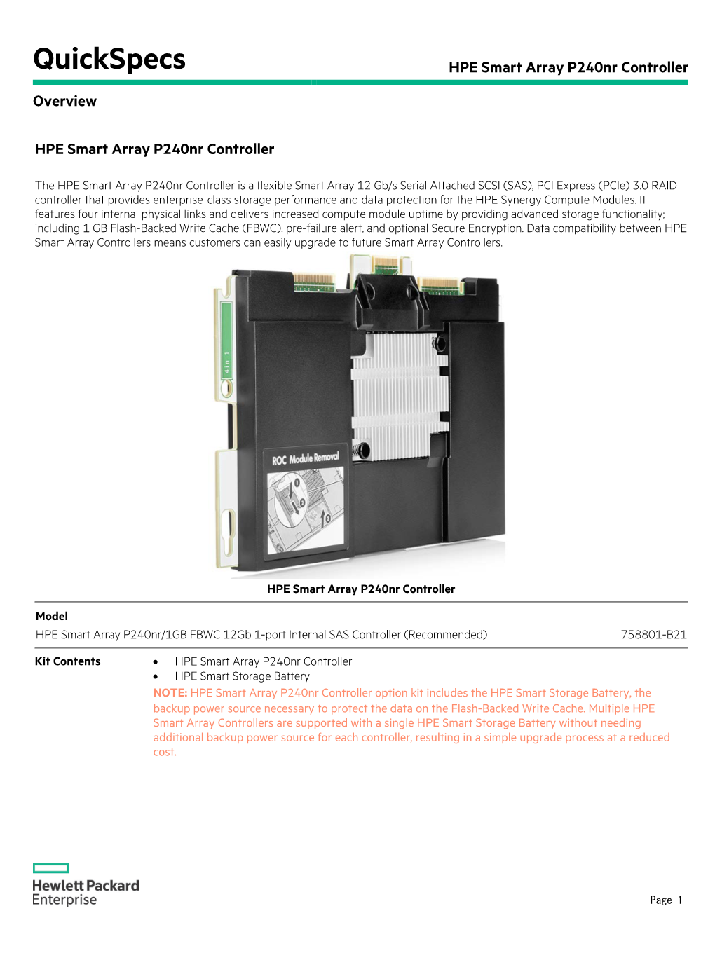 HPE Smart Array P240nr Controller Overview