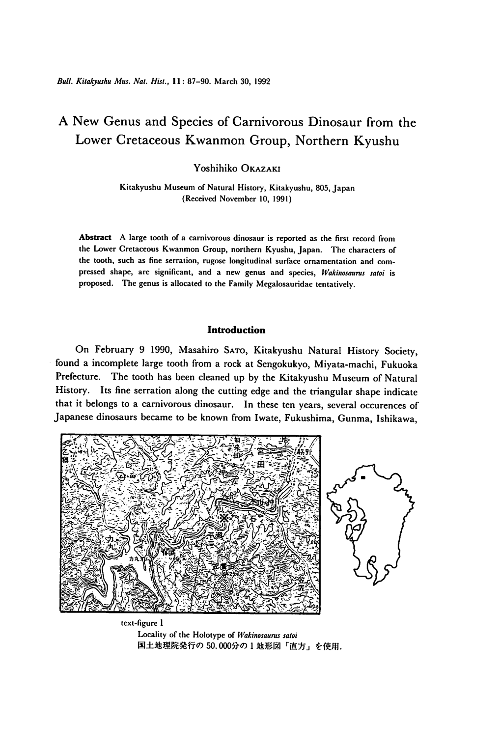 A New Genus and Species of Carnivorous Dinosaur from the Lower Cretaceous Kwanmon Group, Northern Kyushu