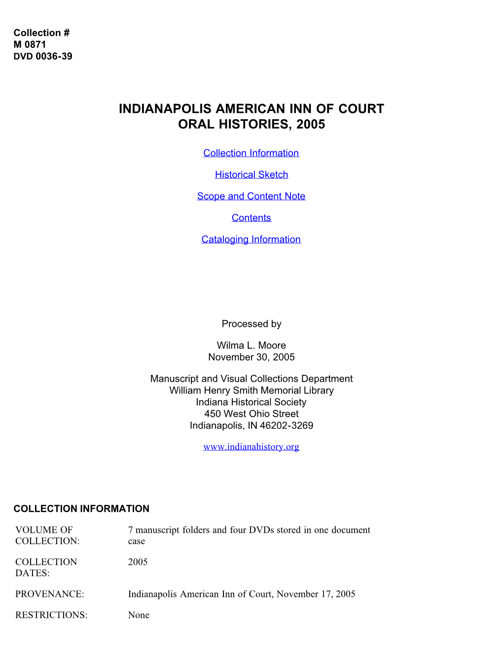 Indianapolis American Inn of Court Oral Histories, 2005