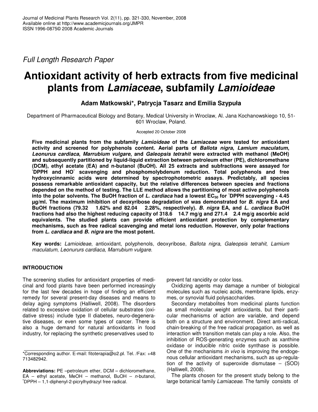 Antioxidant Activity of Herb Extracts from Five Medicinal Plants from Lamiaceae, Subfamily Lamioideae