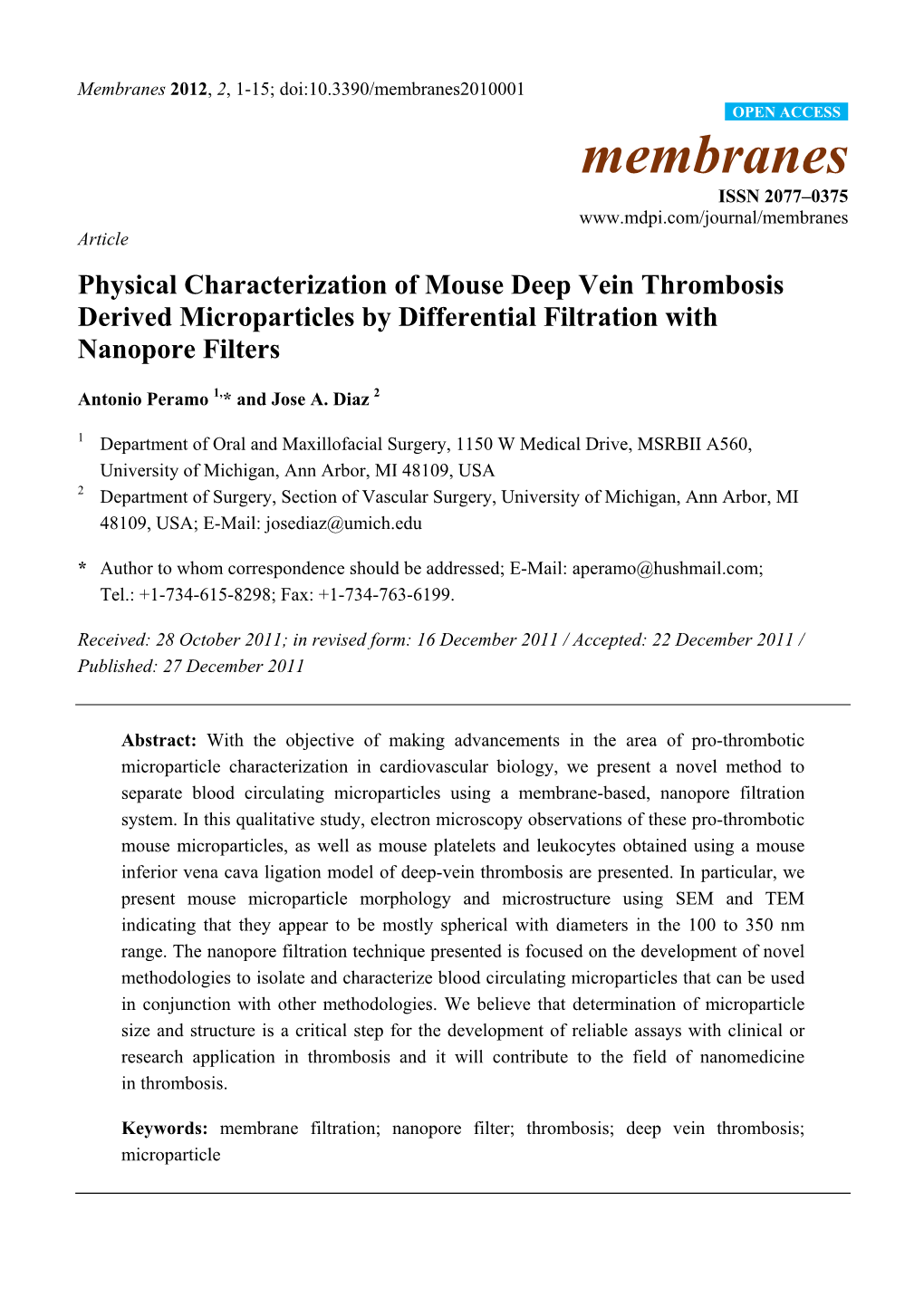 Physical Characterization of Mouse Deep Vein Thrombosis Derived Microparticles by Differential Filtration with Nanopore Filters