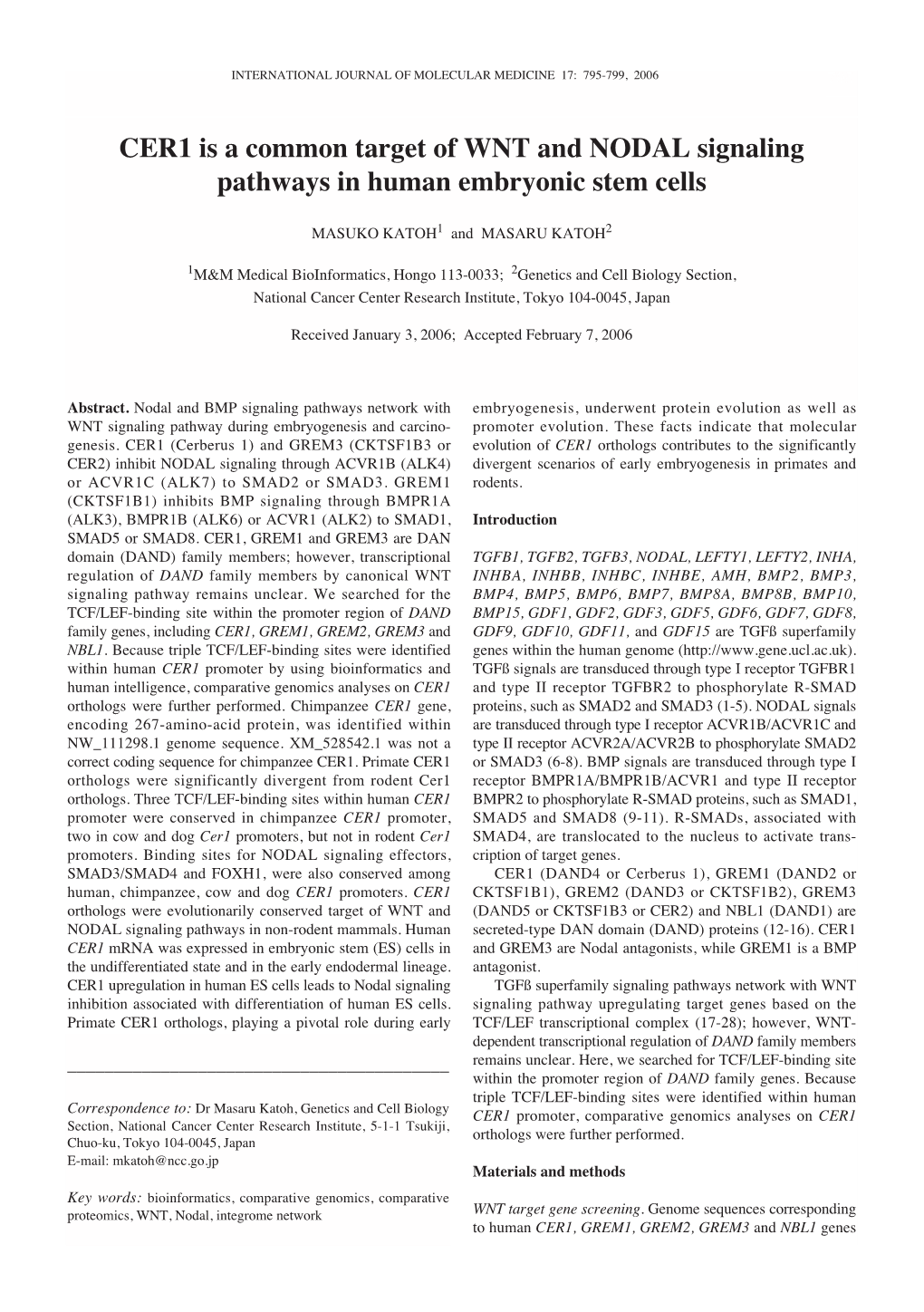 CER1 Is a Common Target of WNT and NODAL Signaling Pathways in Human Embryonic Stem Cells