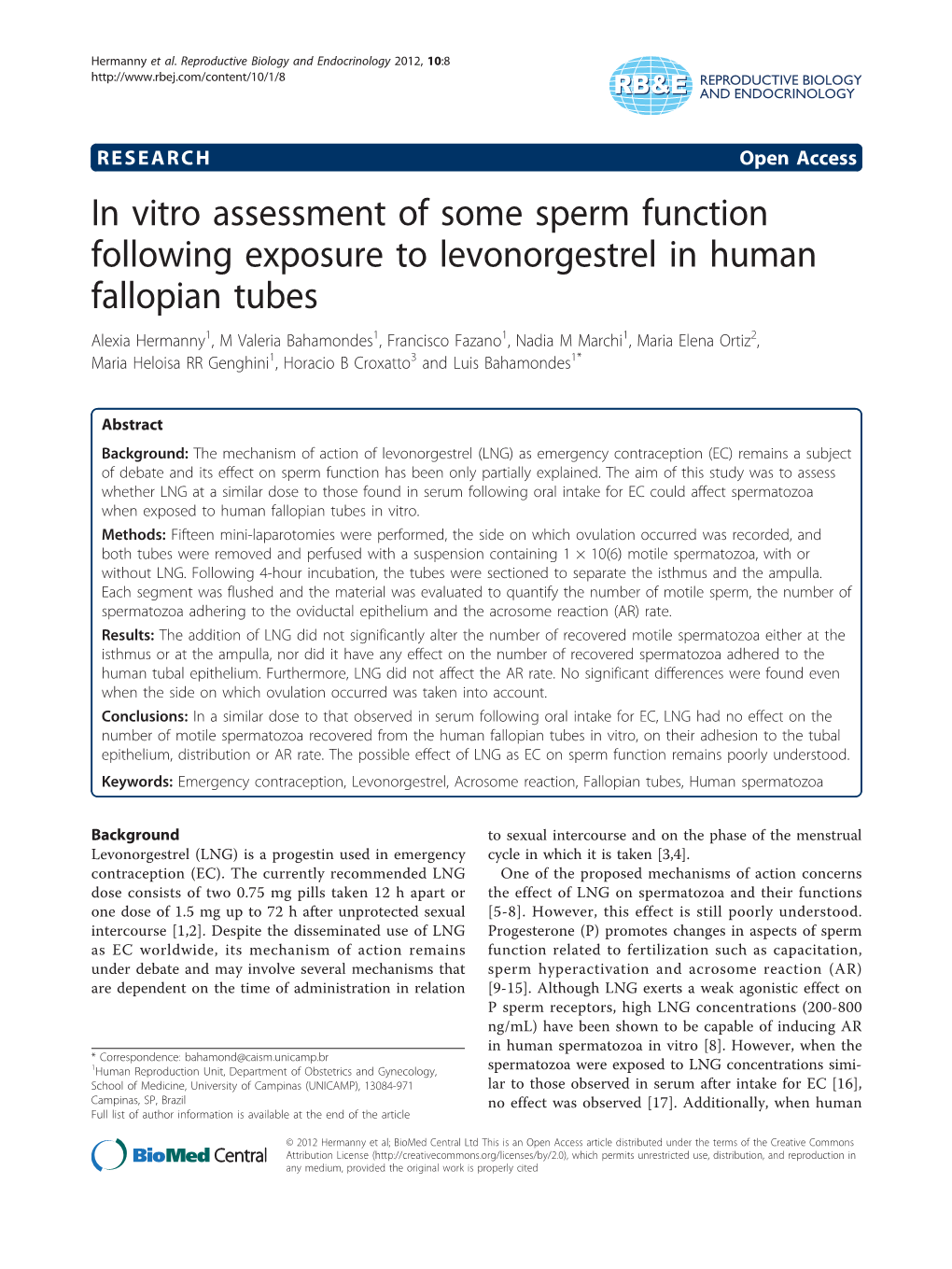 In Vitro Assessment of Some Sperm Function Following Exposure To