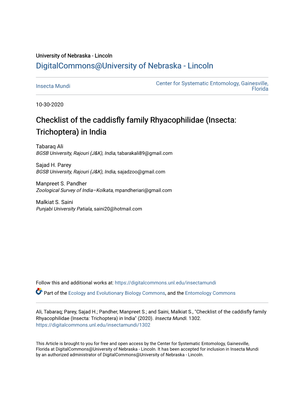 Checklist of the Caddisfly Family Rhyacophilidae (Insecta: Trichoptera) in India