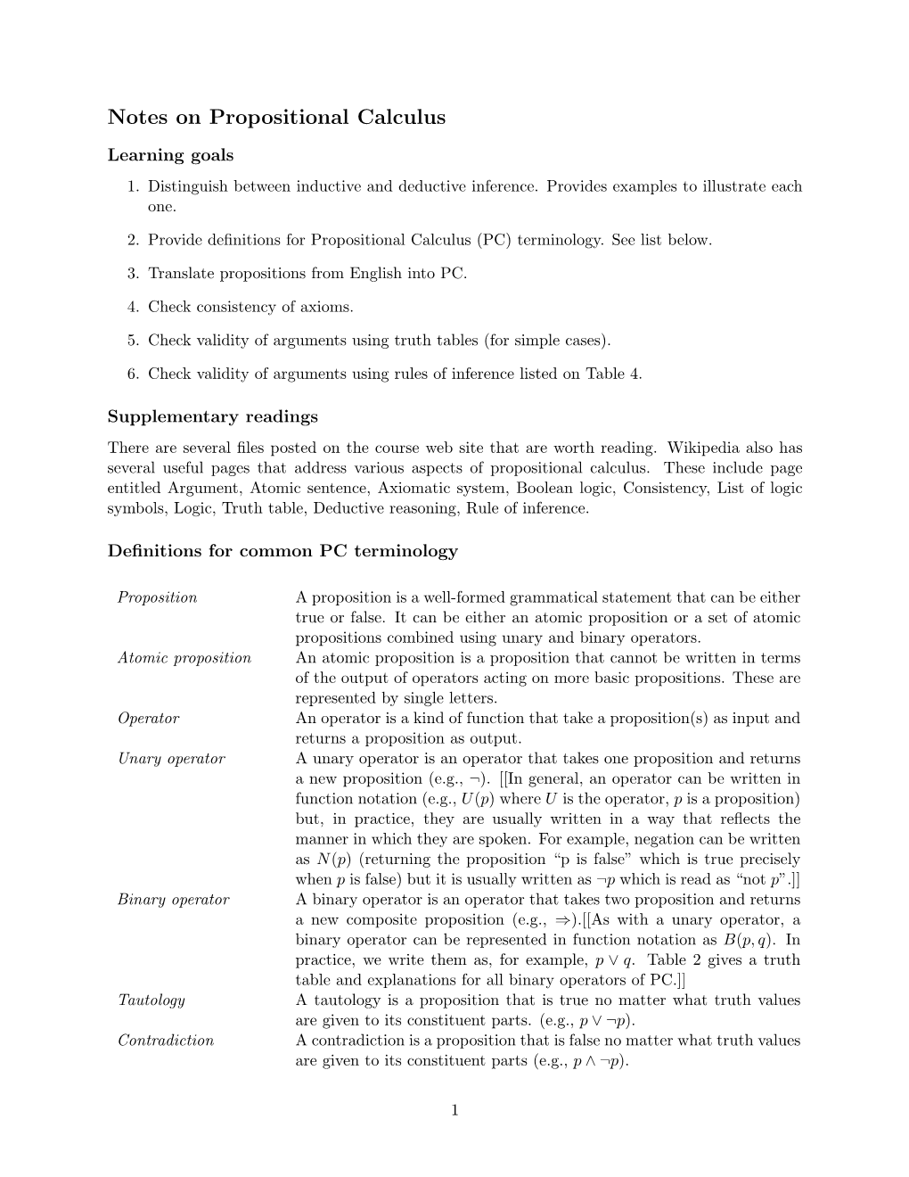 Notes on Propositional Calculus