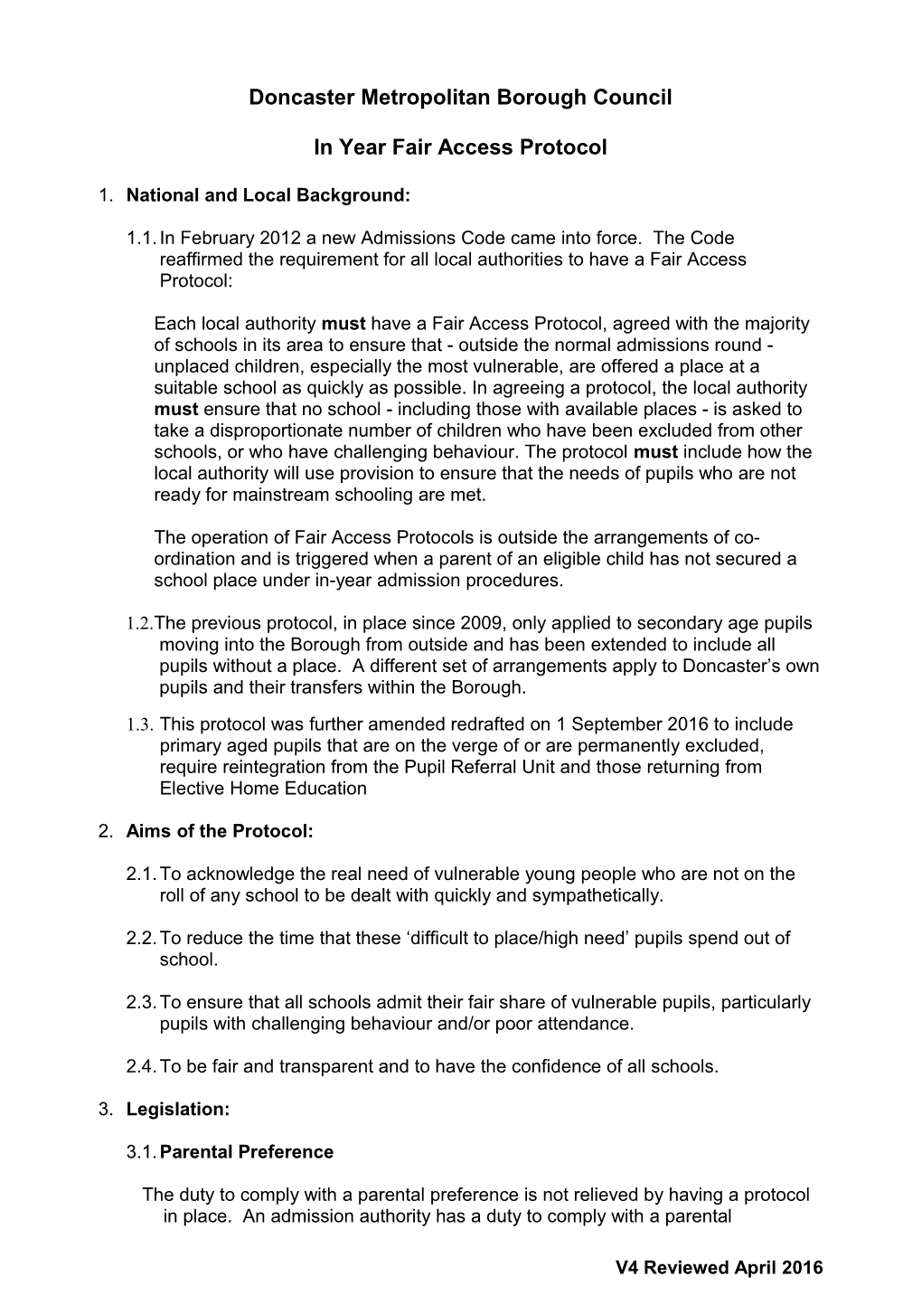 Doncaster Fair Access Protocol