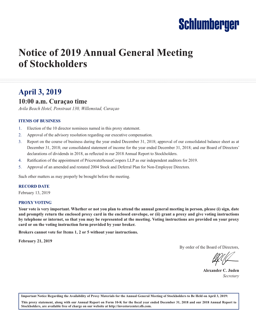 Notice of 2019 Annual General Meeting of Stockholders