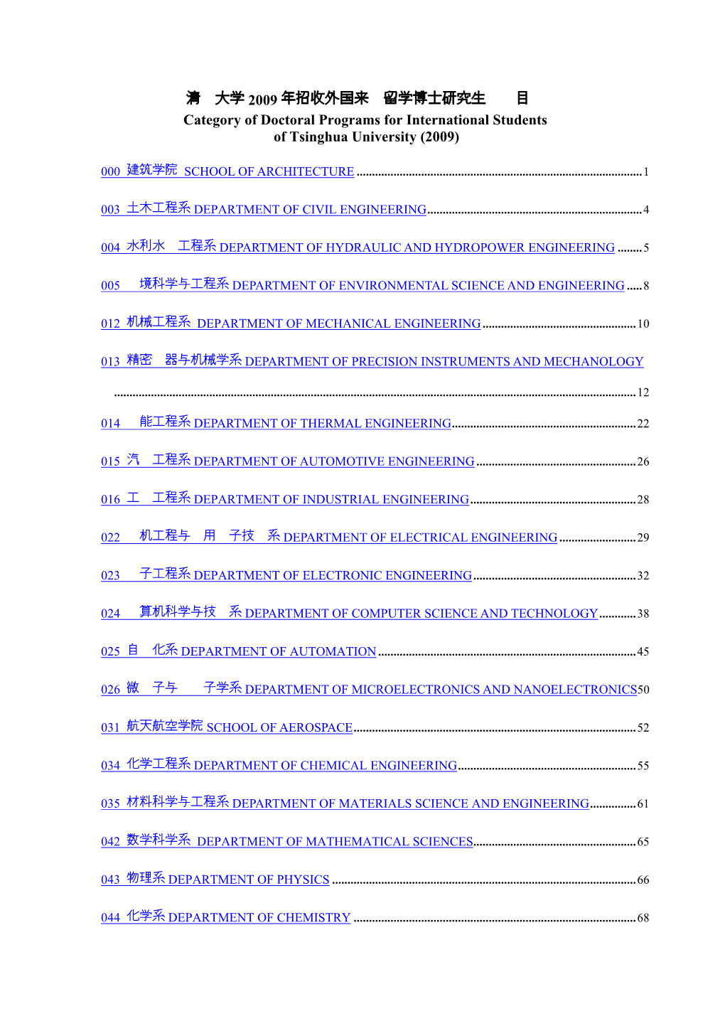 清大学2009 年招收外国来留学博士研究生目category of Doctoral