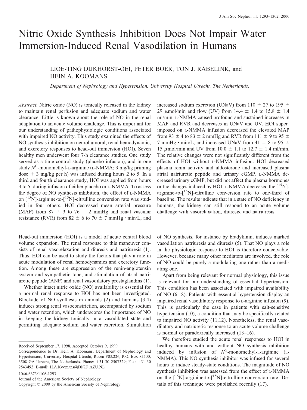 Nitric Oxide Synthesis Inhibition Does Not Impair Water Immersion-Induced Renal Vasodilation in Humans