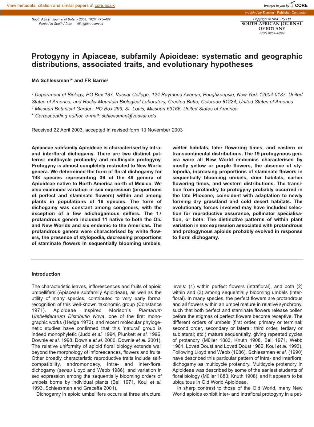 Protogyny in Apiaceae, Subfamily Apioideae: Systematic and Geographic Distributions, Associated Traits, and Evolutionary Hypotheses