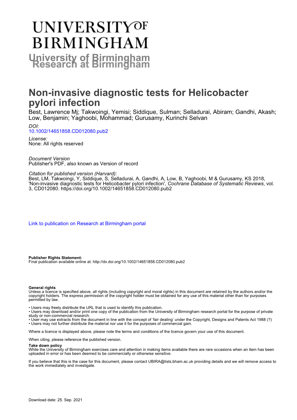 Non-Invasive Diagnostic Tests for Helicobacter Pylori Infection