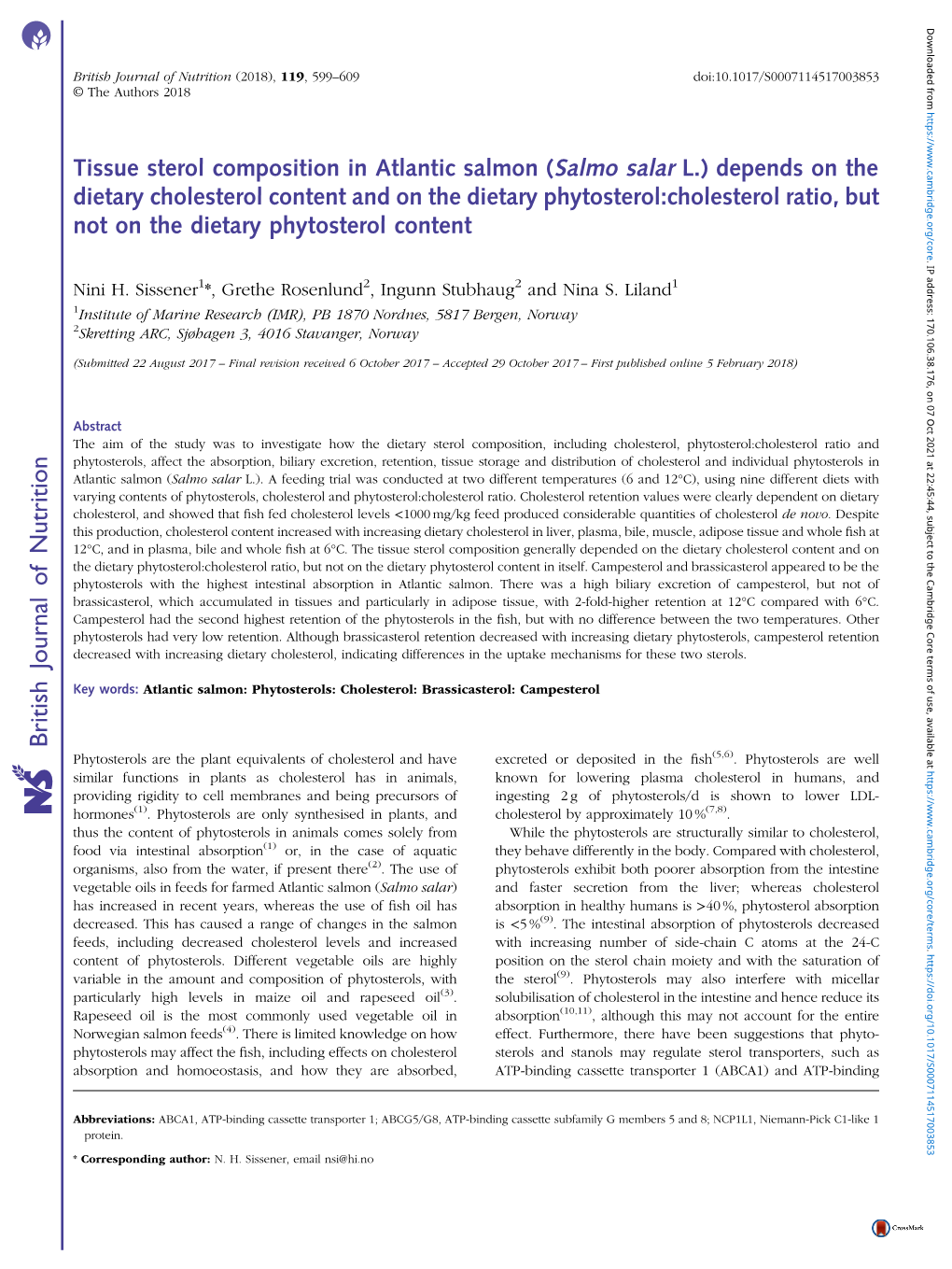 Tissue Sterol Composition in Atlantic Salmon (Salmo Salar