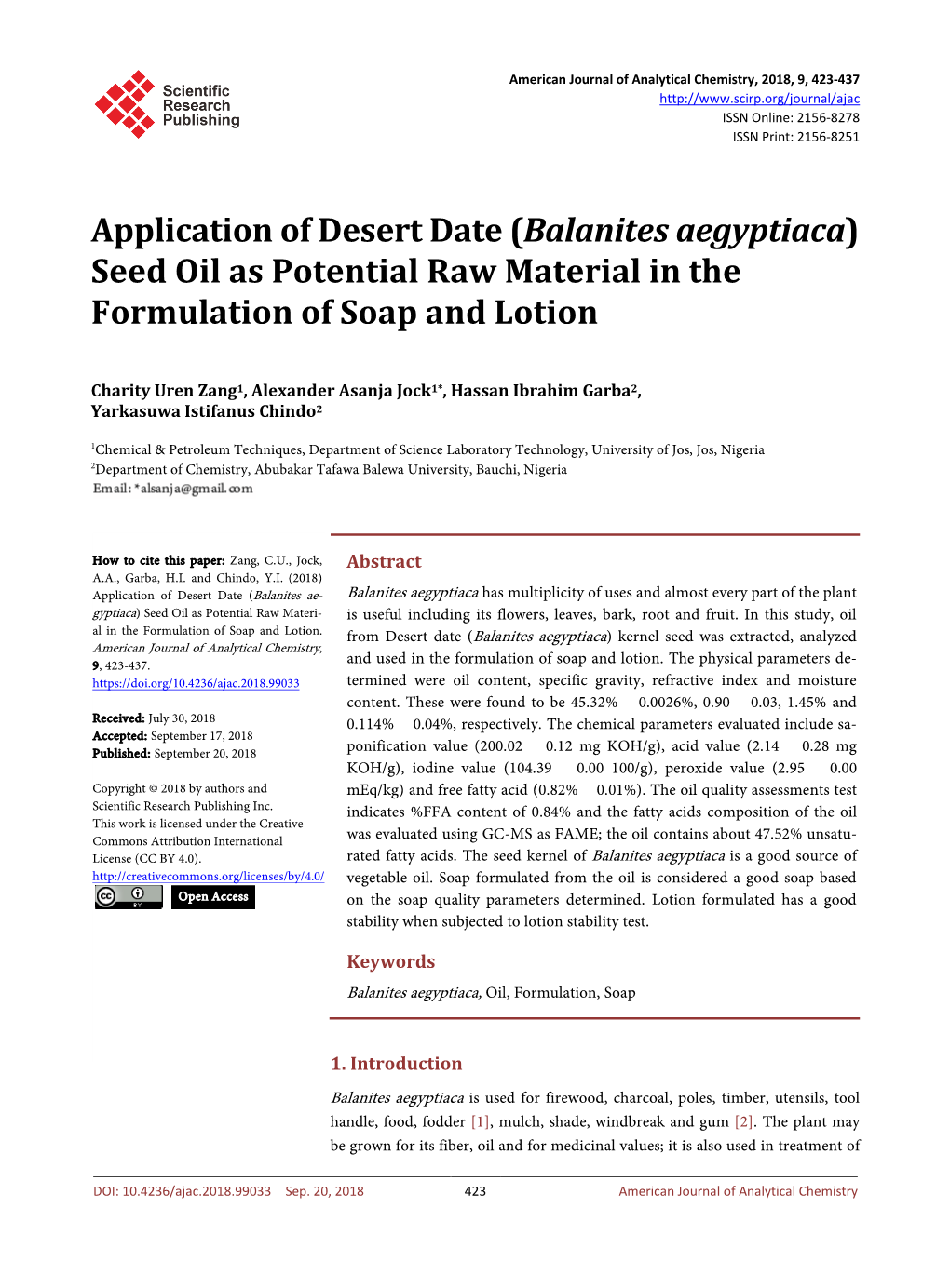 Balanites Aegyptiaca) Seed Oil As Potential Raw Material in the Formulation of Soap and Lotion