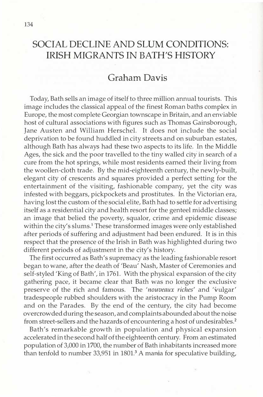 SOCIAL DECLINE and SLUM CONDITIONS: IRISH MIGRANTS in BATH's HISTORY Graham Davis