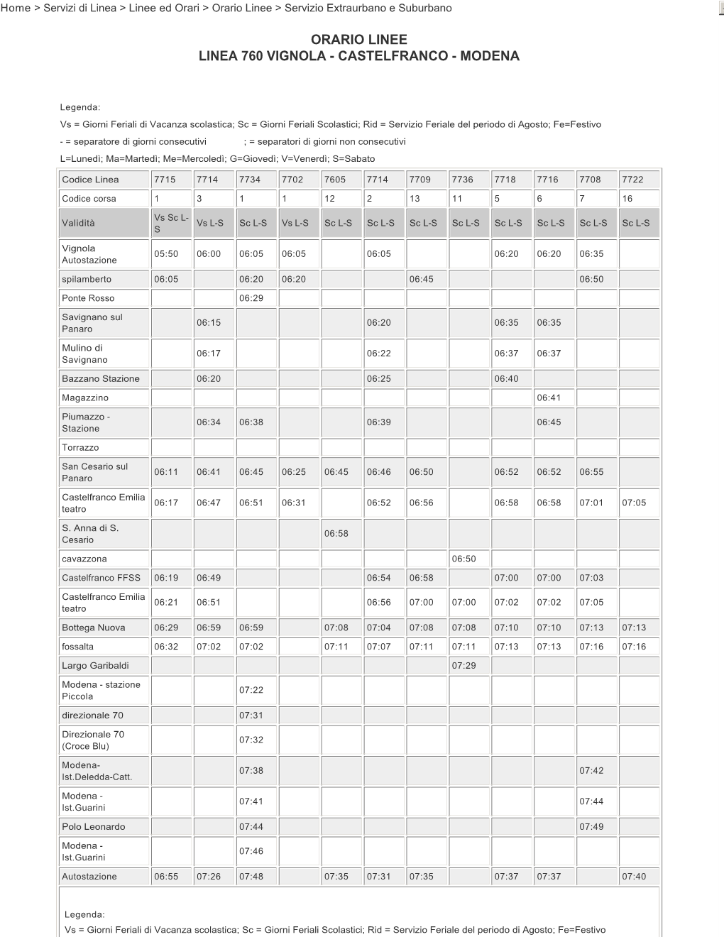 Orario Linee Linea 760 Vignola Castelfranco Modena