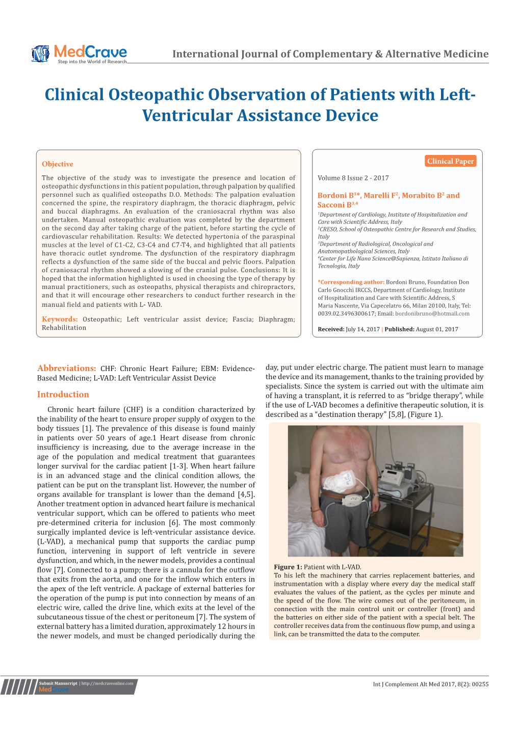 Clinical Osteopathic Observation of Patients with Left-Ventricular Assistance Device ©2017 Bordoni Et Al